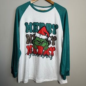 Women's Merry Grinchmas Green/White Long Sleeve Lounge Sleep Shirt 2XL Comfy